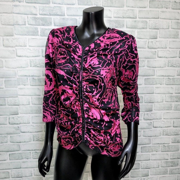 Vintage 80s Black Pink Burnout Velvet Sheer Snap Blouse Popover 3/4 Sleeve‎ - Picture 2 of 4